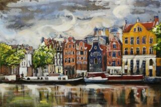 440 Schilderij 3d metaal Amsterdam Boten aan de gracht 120x80cm eliassen.nl