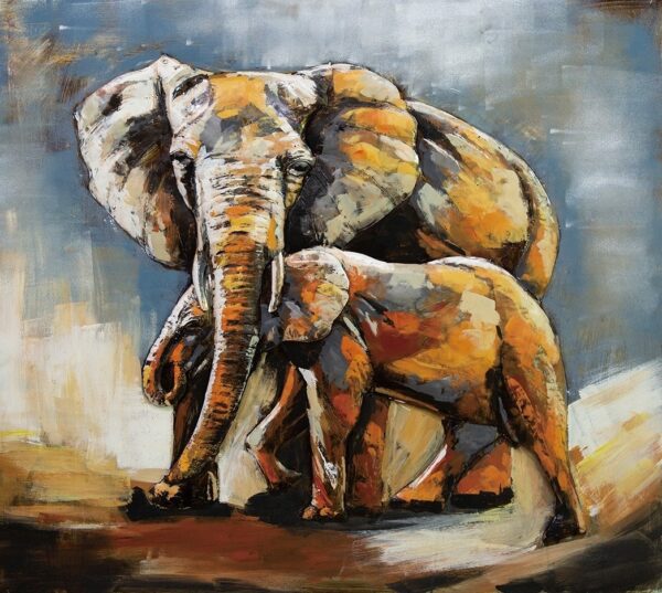 Metalen schilderij olifant moeder met kind 100x100cm | Eliassen.nl