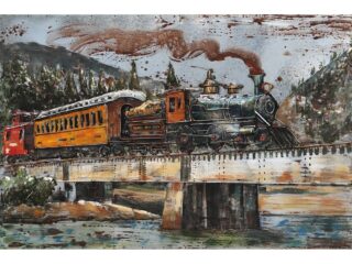 Schilderij 3D metaal rijdende trein over brug 80x120cm | Eliassen.nl