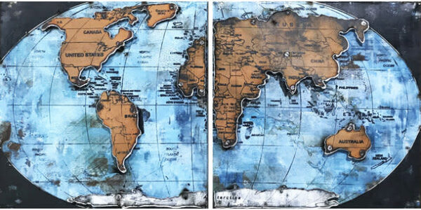 schilderij metaal 2luik wereldkaart - Eliassen.nl