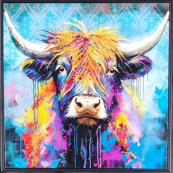 Strass canvas schilderij Eliassen.nl   Stier bont gekleurd 6111   62,5x62,5 cm