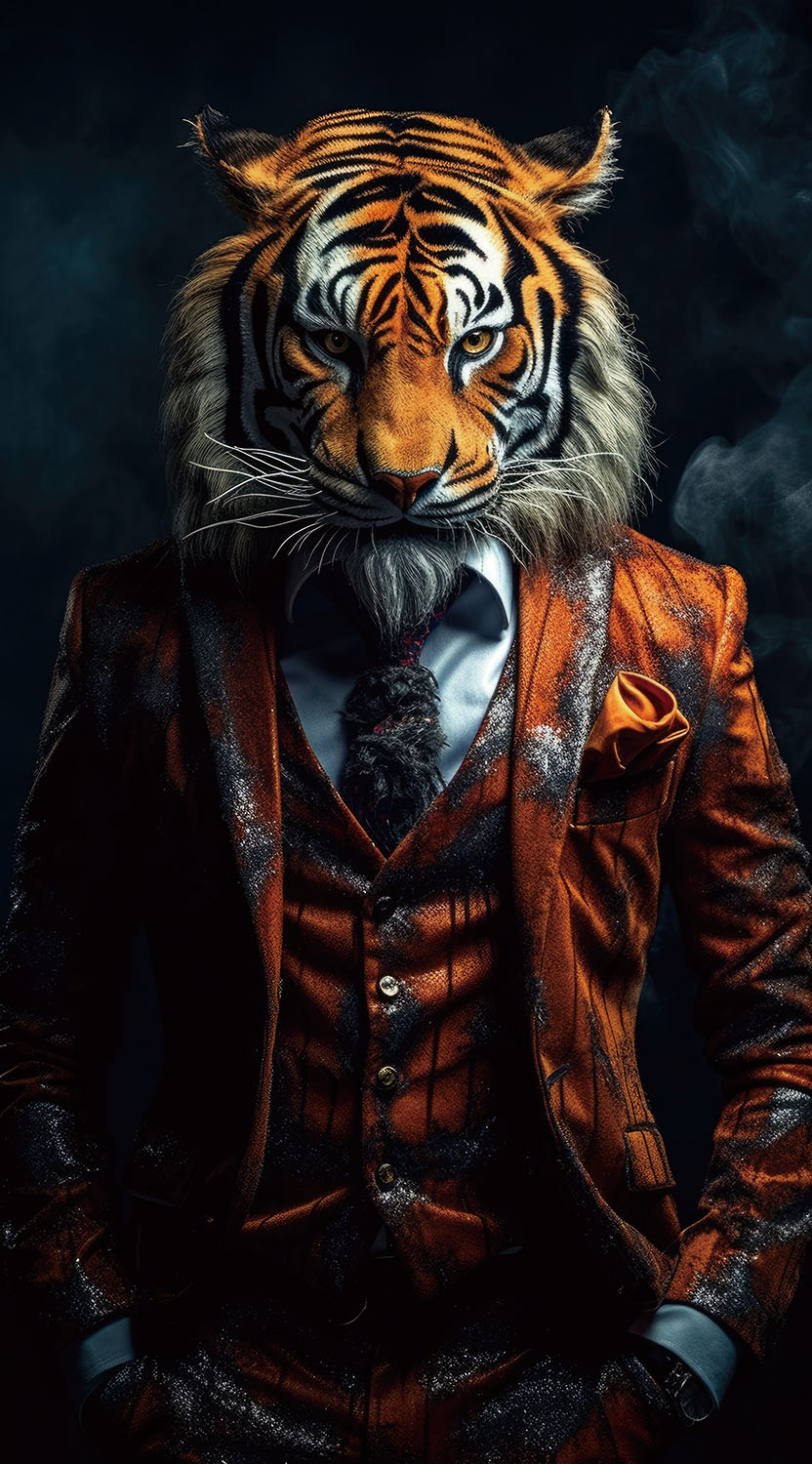 Tiger dressed in an elegant and modern suit with a nice tie. Fas